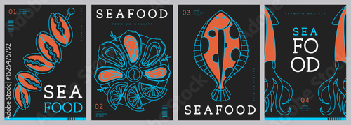 Set of modern magazine covers or posters with line art seafood. Restaurant seafood menu design. Vector illustration