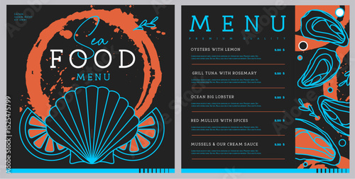 Restaurant line art seafood menu design with scallop, oysters and lemon. Vector illustration