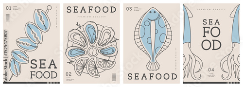 Set of modern magazine covers or posters with line art seafood. Restaurant seafood menu design. Vector illustration