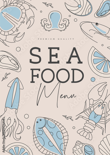 Restaurant line art seafood menu design with crab, rapana, starfish, octopus, lobster, oyster and shrimps. Vector illustration