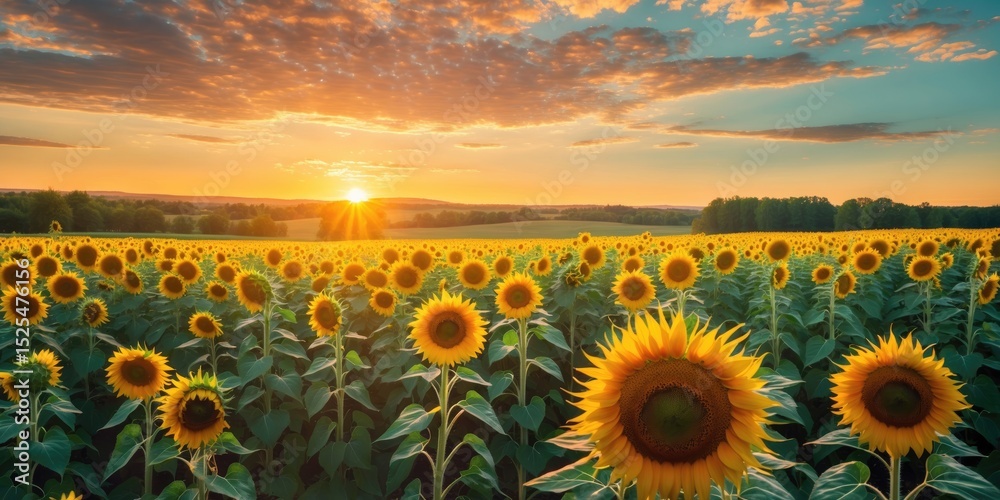 Obraz premium Sunflower field at sunset with the sun setting over the horizon, vibrant yellow sunflowers, and a partly cloudy sky.