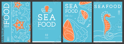 Set of modern magazine covers or posters with line art seafood. Restaurant seafood menu design. Vector illustration