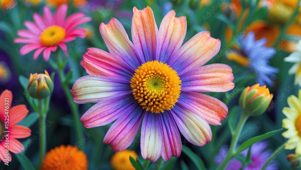Obraz premium Colorful flower with pink, purple, and yellow petals amid a garden of various blooming flowers.