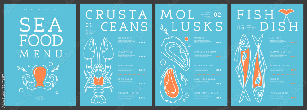 Fototapeta premium Restaurant line art seafood menu design with lobster, crab, fish and oysters. Vector illustration