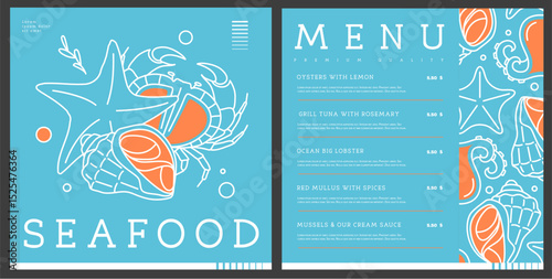 Restaurant line art seafood menu design with crab, rapana, starfish and octopus. Vector illustration