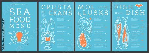 Restaurant line art seafood menu design with lobster, crab, fish and oysters. Vector illustration