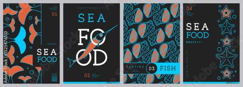Set of modern magazine covers or posters with line art seafood. Restaurant seafood menu design. Vector illustration