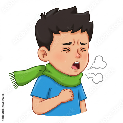 Boy cartoon character with scarf coughing strongly, isolated on white background, vector illustration
