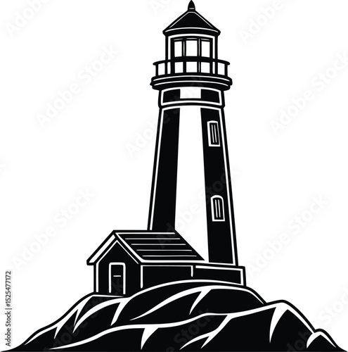 Lighthouse silhouette, coastal beacon icon, marine navigation vector