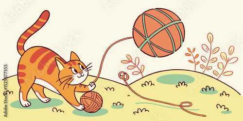 Playful Orange Tabby Cat with Yarn Balls Design Element perfect for children's book illustrations, greeting cards, and pet-themed branding projects
