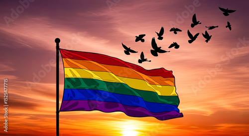 Colorful rainbow flag flutters in the breeze during sunset, with silhouettes of birds soaring above, creating a serene atmosphere