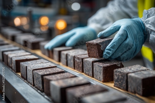 Worker in protective clothing and gloves inspecting chocolate cubes on a conveyor belt inside a food processing plant