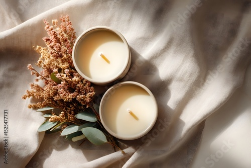 fresh flat lay of soy wax candles on a linen background