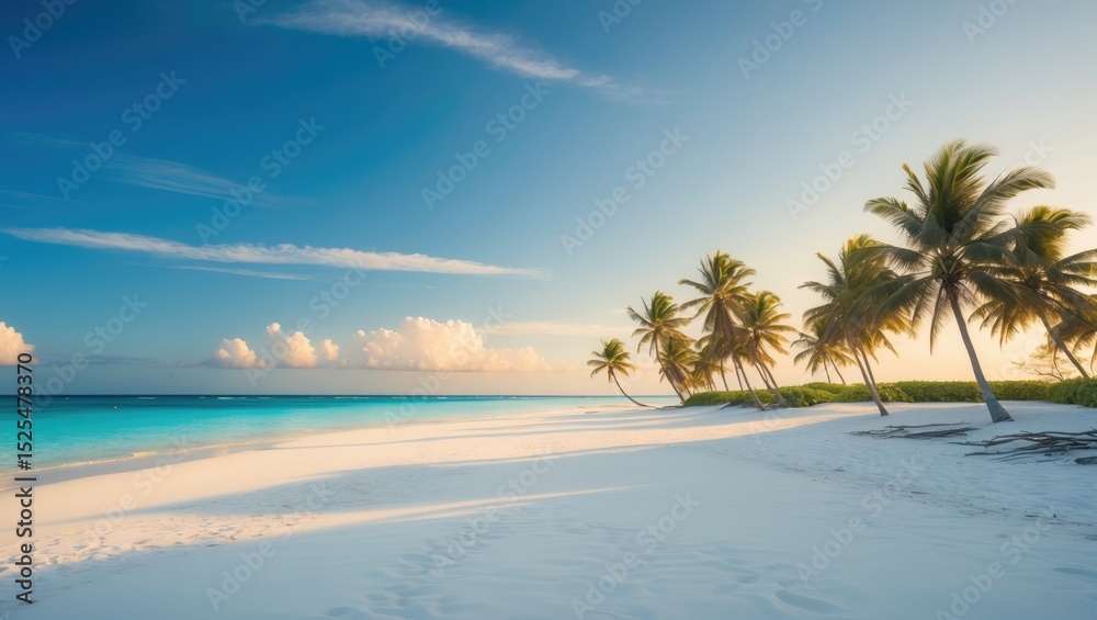 Fototapeta premium Tropical beach with palm trees, blue sky, and white sand.