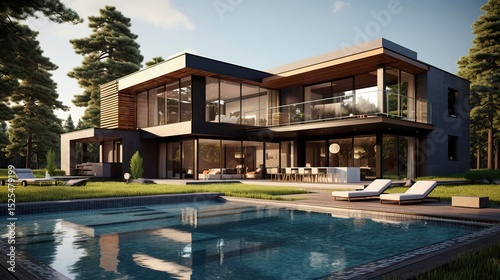 A photo of a modern house with a guest house