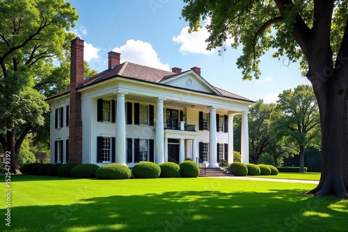 Grand Southern plantation house, classic columns, sprawling lawn, antebellum charm, picturesque landscape Perfect for historical, architectural, and travel publications , countryside, history, detail
