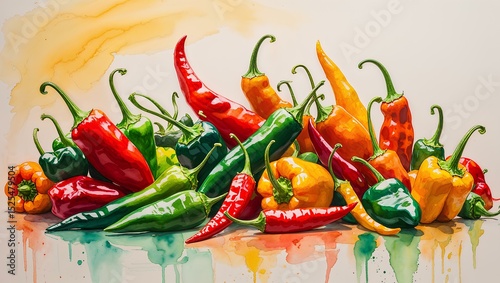 a stunning botanical watercolour drawing of an assortment of chili peppers, mixed with various types of peppers