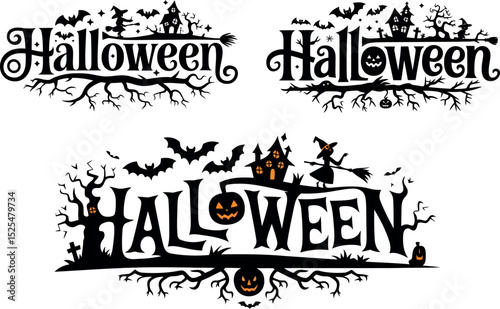 This image features three distinct Halloween-themed text designs. Each graphic incorporates spooky elements like bats, haunted houses, and pumpkins around the 