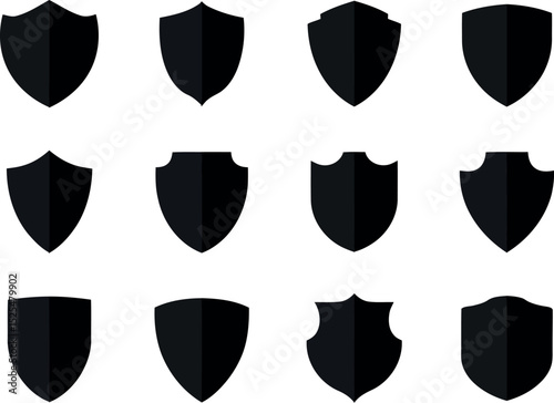  a variety of minimalist black shield shapes. Each shield presents a distinct outline and form. They are useful graphic elements for logos, icons, or historical designs.