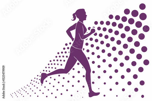 Purple dotted running woman, different posture, dynamic sport scene, fitness illustration, active motion, athletic design, energetic silhouette, health concept, sporty theme, movement art.