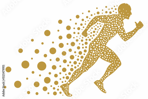 Dynamic figure of running man, dotted pattern, golden color, dynamic motion, fitness concept, athletic silhouette, energetic movement, sport illustration, active lifestyle, health theme.
