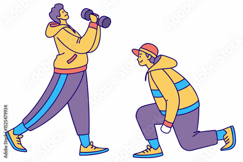 Colorful fitness illustration, man and woman with dumbbells, exercise postures, workout concept, active lifestyle, health theme, sport design, athletic figures, training scene, gym art.