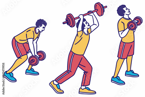 Colorful fitness group, weightlifting postures, barbell and dumbbells, workout illustration, gym training, health concept, sport design, athletic movement, fitness theme, exercise art.