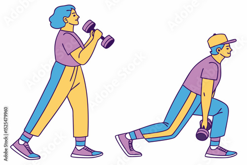Colorful fitness figures, varied dumbbell postures, workout illustration, active exercise, health concept, sport design, training scene, gym art, athletic movement, fitness theme.