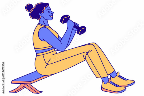 Woman lifting dumbbell, colorful fitness illustration, workout posture, gym exercise, health lifestyle, active sport, strength training, body toning, fitness motivation, exercise art