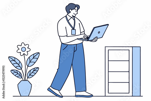 Man working with laptop, office lifestyle illustration, remote work, professional activity, workplace design, business concept, productivity theme, office art, career motivation, work graphic