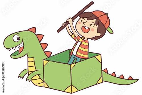 Cartoon boy with dinosaur, creative play, childhood fantasy, imaginative fun, pretend adventure, kid creativity, dinosaur play, playtime excitement, youth imagination, illustration design