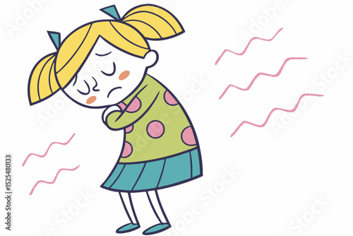 Cartoon girl feeling unwell, sickness expression, health issue, childhood illness, discomfort illustration, unwell state, kid health, illness concern, weak feeling, youth sickness