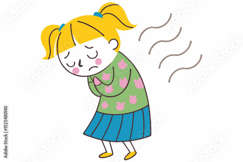 Cartoon girl feeling unwell, sickness illustration, health concern, childhood illness, discomfort expression, weak state, kid sickness, illness worry, unwell condition, youth health