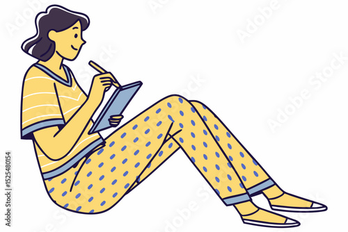 Cartoon girl journaling, home activity, creative writing, relaxation time, illustration design, personal reflection, leisure moment, youth creativity, diary habit, graphic art