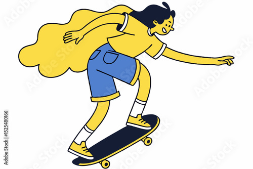 Cartoon girl skateboarding, sport activity, energetic movement, youth fitness, skate fun, extreme sport, illustration art, active lifestyle, sport enthusiasm, design graphic