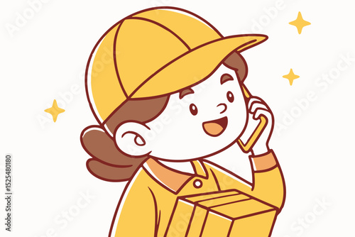 Cartoon delivery person on call, delivery service, work communication, professional job, illustration design, courier role, customer contact, work activity, graphic art, job scene