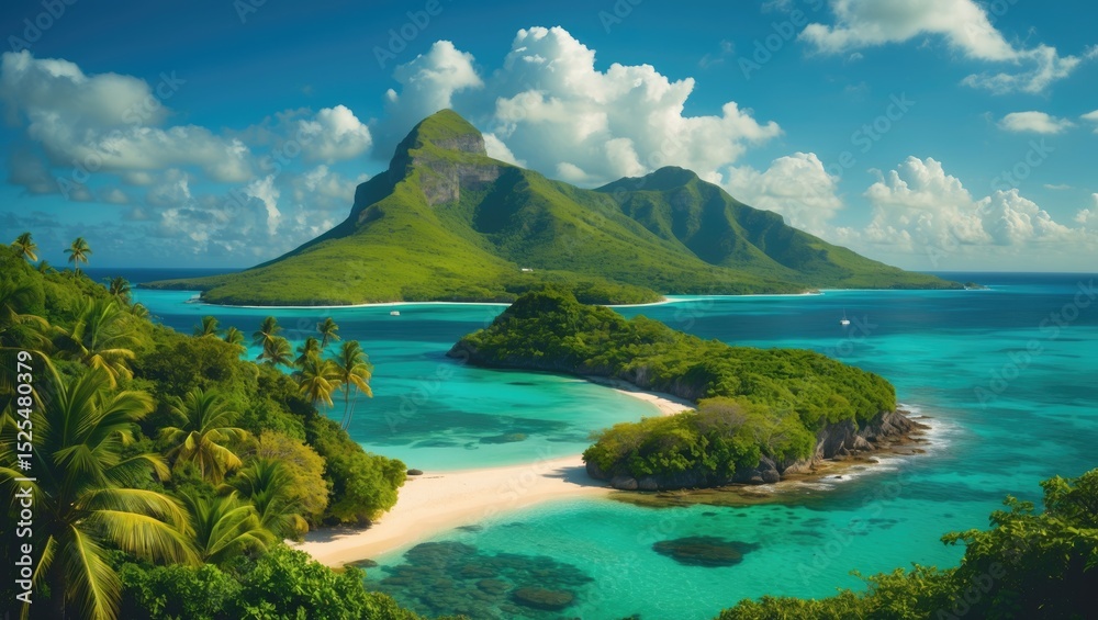 Fototapeta premium Tropical island landscape with lush greenery and turquoise waters, featuring a mountain and sandy beaches.