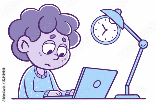 Cartoon of person working late, work stress, late-night effort, fatigue, illustration art, overtime work, burnout, graphic design, work fatigue, stress scene