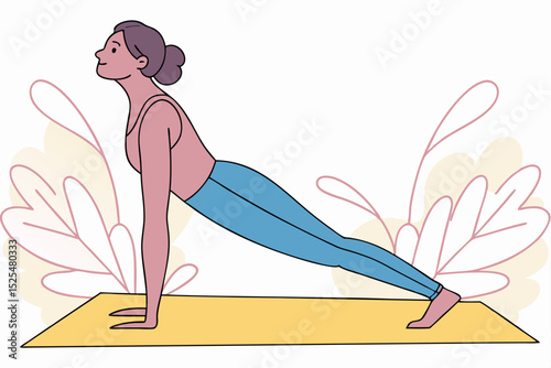Cartoon of woman doing yoga, fitness activity, yoga pose, wellness, illustration design, exercise, health, graphic art, yoga practice, fitness scene