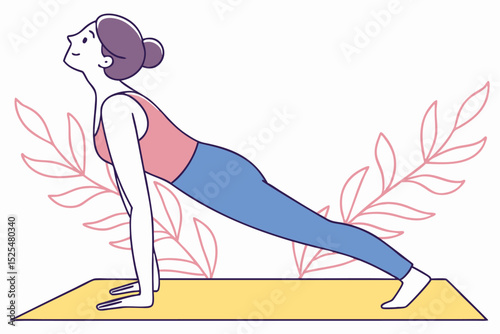 Cartoon of woman in yoga pose, yoga practice, fitness routine, wellness, illustration art, exercise, health, graphic design, yoga activity, fitness art