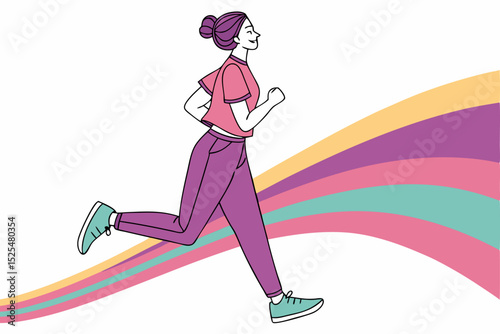 Cartoon of woman running, fitness activity, running exercise, wellness, illustration design, sport, health, graphic art, running practice, fitness scene