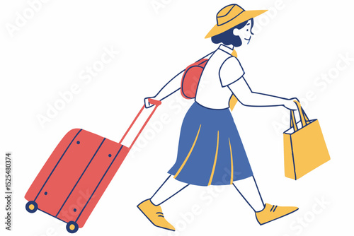 Cartoon of woman on trip, travel journey, vacation, exploration, illustration art, travel adventure, experience, graphic design, trip scene, travel art