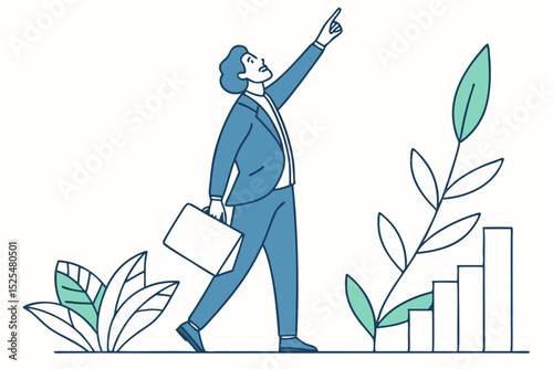 Business professional pointing upward, corporate growth, market strategy, business vision, economic progress, career ambition, opportunity pursuit, development plan, leadership goal, success path.