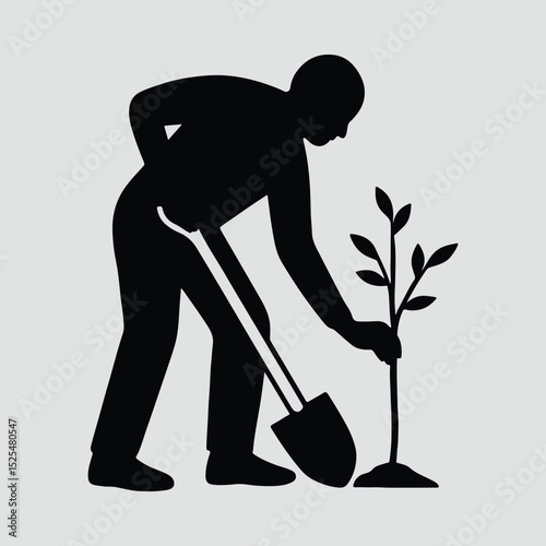 Silhouette man planting a tree with shovel Illustration Vector