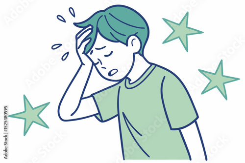 Man with headache and stars, health issue, pain discomfort, illness symptom, physical distress, male patient, wellness problem, health concern, medical condition, pain experience.