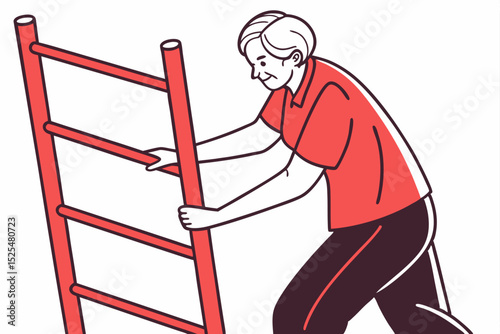 Elderly person pushing red ladder, senior activity, physical labor, home maintenance, elderly task, ladder handling, senior work, physical effort, maintenance job, task performance.