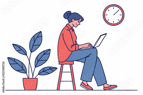 Woman working on laptop at high stool, office work, remote job, time management, workspace plant, home office, digital work, productivity, work routine, clock monitoring.