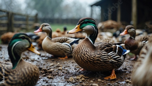 Group of ducks resting on muddy ground in a natural setting. photo