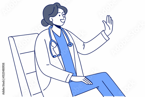 Female doctor sitting and waving, medical professional greeting, healthcare provider, physician in coat, stethoscope, patient interaction, hospital staff, medical consultation, friendly doctor