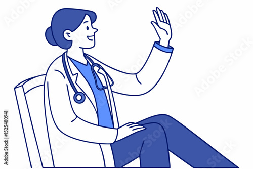 Woman doctor seated and waving, healthcare practitioner, medical staff, physician with stethoscope, patient communication, hospital setting, friendly physician, medical service, doctor interaction